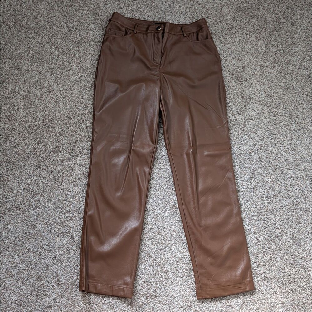 Maison Cinqcent Faux Leather Straight Leg Brown Pants Size 10 Capsule Pieces